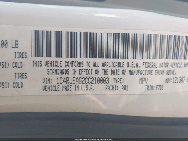 45761434 :رقم المزاد ، 1C4RJEAG2CC210003 vin ، 2012 Jeep Grand Cherokee Laredo مزاد بيع