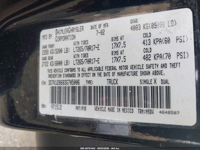 45761442 :رقم المزاد ، 3D7KU28683G705006 vin ، 2003 Dodge Ram 2500 مزاد بيع