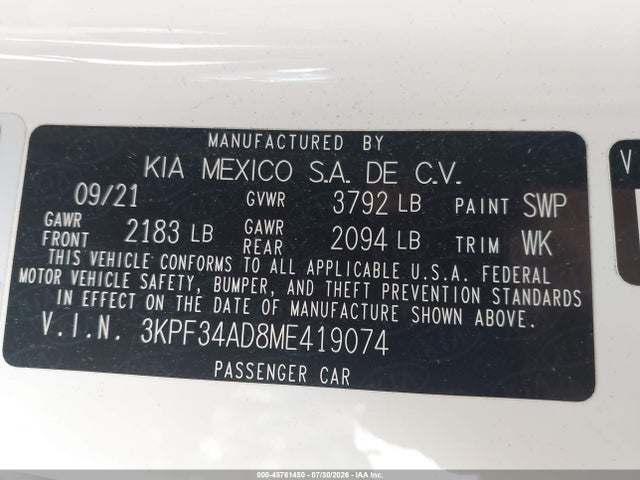 Продаж на аукціоні авто 2021 Kia Forte Gt-line, vin: 3KPF34AD8ME419074, номер лоту: 45761450