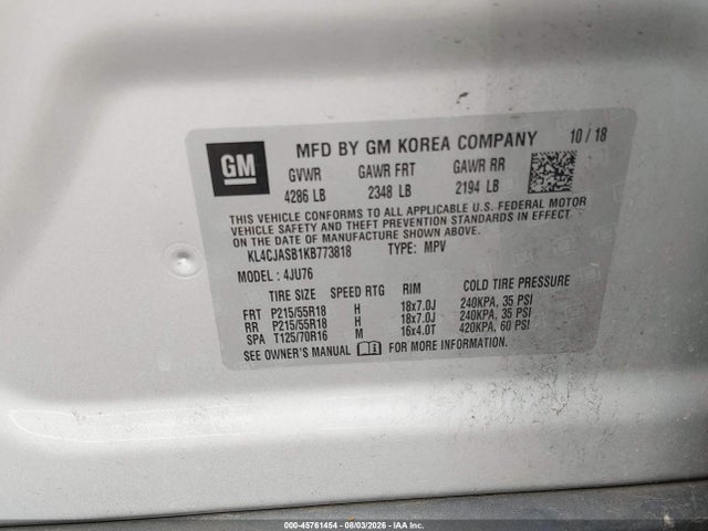 Auction sale of the 2019 Buick Encore Fwd Preferred, vin: KL4CJASB1KB773818, lot number: 45761454
