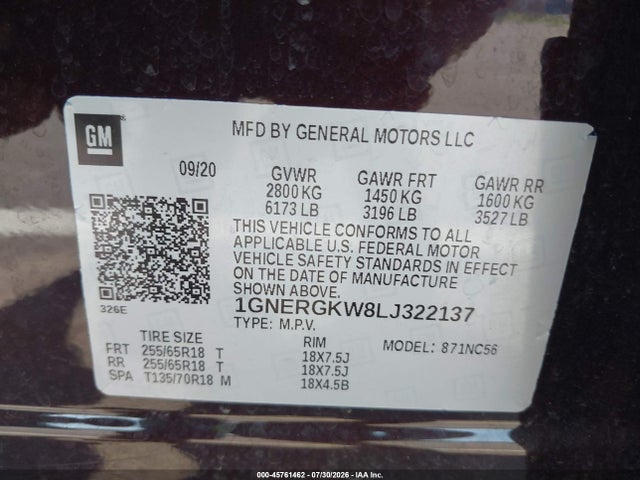 45761462 :رقم المزاد ، 1GNERGKW8LJ322137 vin ، 2020 Chevrolet Traverse Fwd Lt Cloth مزاد بيع