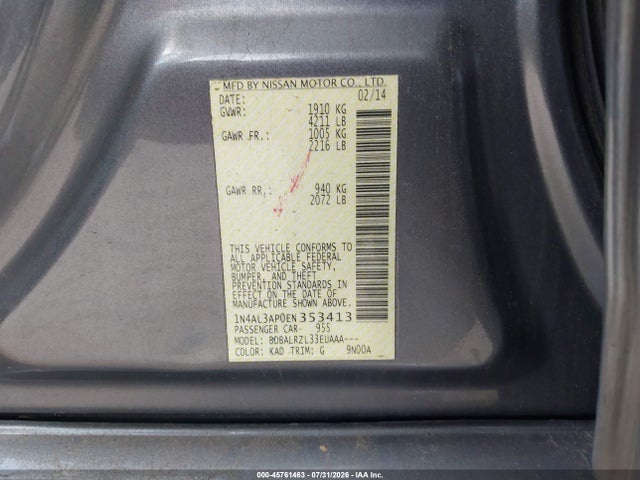 2014 Nissan Altima მანქანა იყიდება აუქციონზე, vin: 1N4AL3AP0EN353413, აუქციონის ნომერი: 45761463