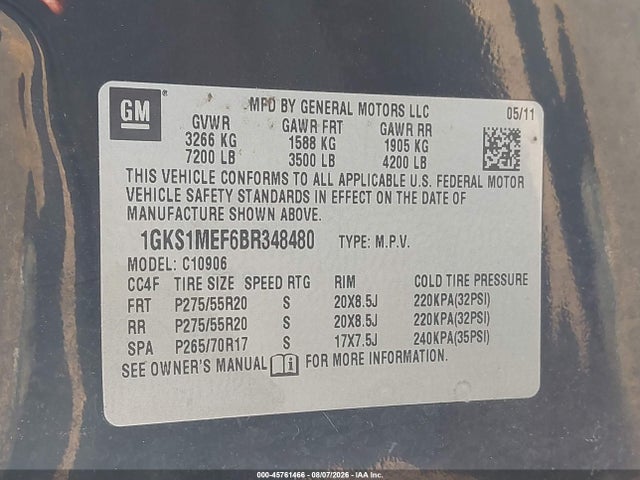 2011 Gmc Yukon Xl 1500 Denali მანქანა იყიდება აუქციონზე, vin: 1GKS1MEF6BR348480, აუქციონის ნომერი: 45761466