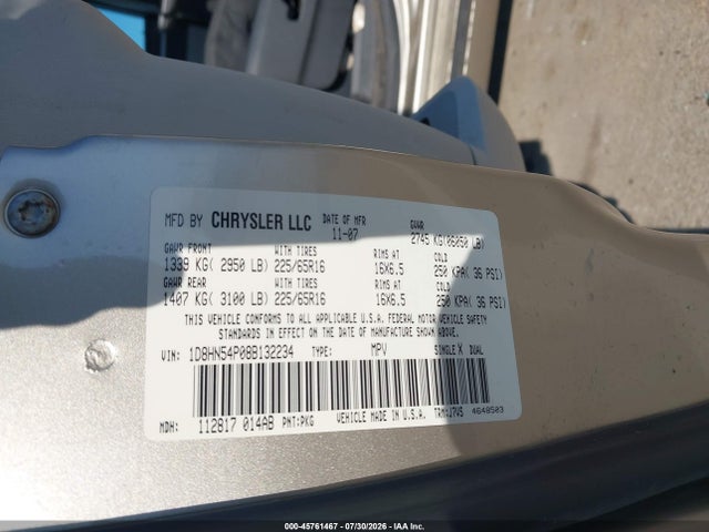 2008 Dodge Grand Caravan Sxt მანქანა იყიდება აუქციონზე, vin: 1D8HN54P08B132234, აუქციონის ნომერი: 45761467
