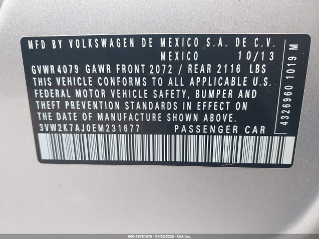 2014 Volkswagen Jetta 2.0l S მანქანა იყიდება აუქციონზე, vin: 3VW2K7AJ0EM231677, აუქციონის ნომერი: 45761476