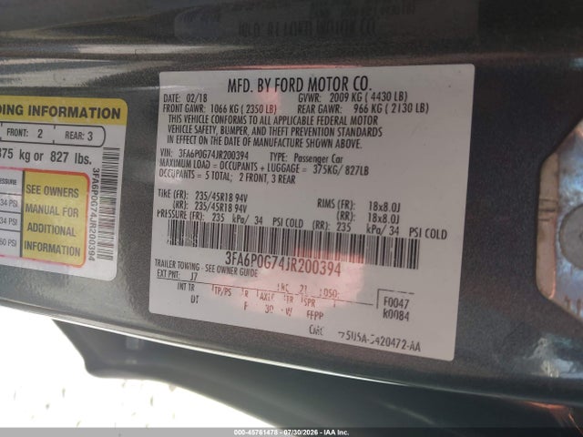 45761478 :رقم المزاد ، 3FA6P0G74JR200394 vin ، 2018 Ford Fusion S مزاد بيع