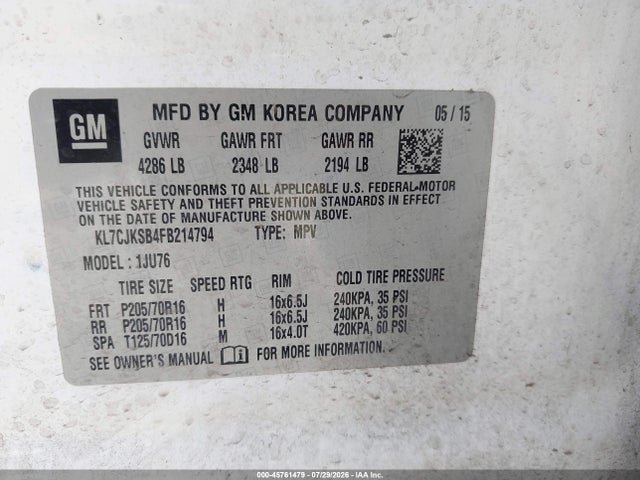 Chevrolet Trax 1ls 2015 KL7CJKSB4FB214794 Image 9