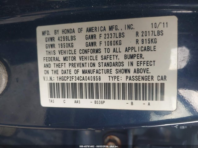Продаж на аукціоні авто 2012 Honda Accord Sdn Lx, vin: 1HGCP2F34CA040958, номер лоту: 45761482
