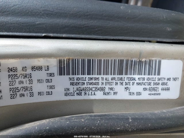 2004 Jeep Grand Cherokee Laredo მანქანა იყიდება აუქციონზე, vin: 1J4GW48S94C354902, აუქციონის ნომერი: 45761508