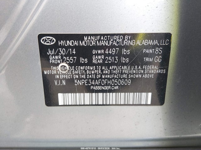 2015 Hyundai Sonata Limited მანქანა იყიდება აუქციონზე, vin: 5NPE34AF0FH050609, აუქციონის ნომერი: 45761518