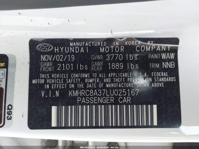 45761520 :رقم المزاد ، KMHRC8A37LU025167 vin ، 2020 Hyundai Venue Sel مزاد بيع