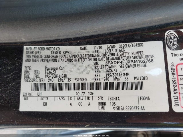 Продаж на аукціоні авто 2011 Ford Fiesta Ses, vin: 3FADP4FJ0BM162768, номер лоту: 45761538