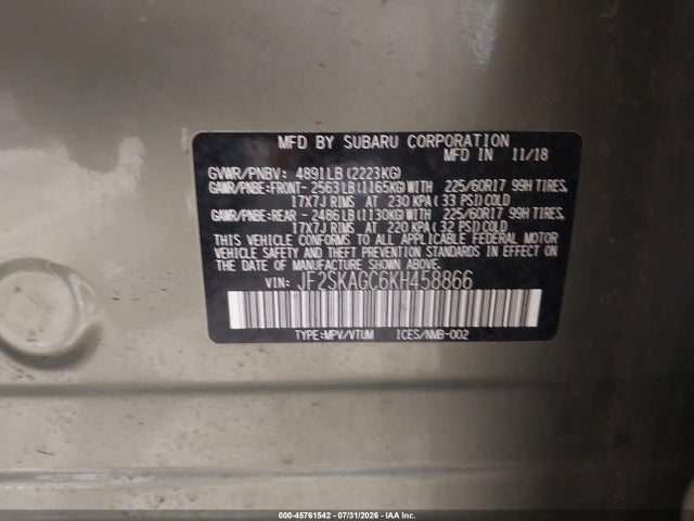 2019 Subaru Forester Premium მანქანა იყიდება აუქციონზე, vin: JF2SKAGC6KH458866, აუქციონის ნომერი: 45761542