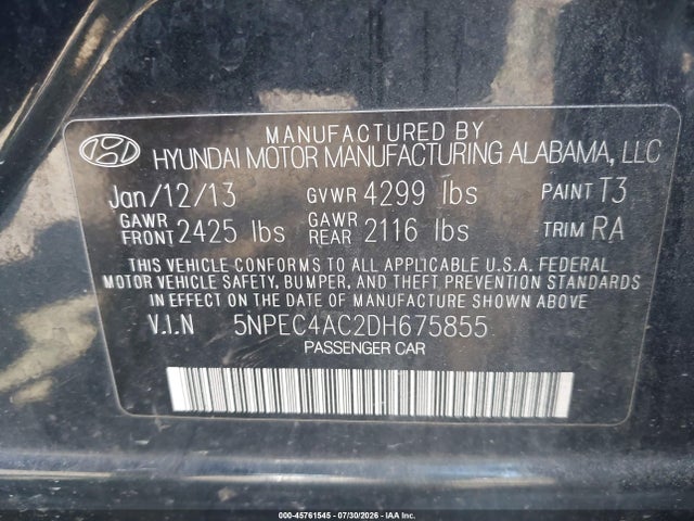 Продаж на аукціоні авто 2013 Hyundai Sonata Limited, vin: 5NPEC4AC2DH675855, номер лоту: 45761545