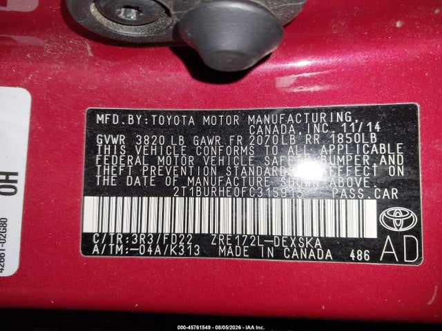 Aukcja sprzedaży 2015 Toyota Corolla S Plus, vin: 2T1BURHE0FC315915, numer aukcji: 45761549