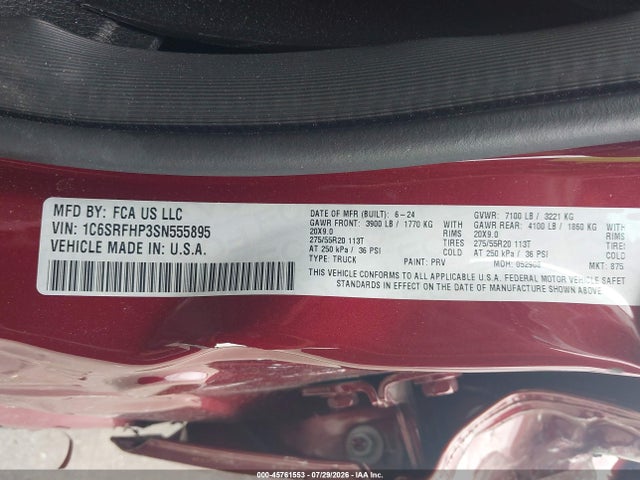 1C6SRFHP3SN555895 RAM 1500 Limited 4x4 5&#039;7 Box