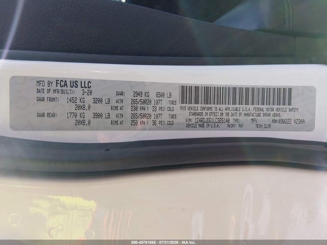 45761565 :رقم المزاد ، 1C4RDJDG1LC325140 vin ، 2020 Dodge Durango Gt Plus Awd مزاد بيع