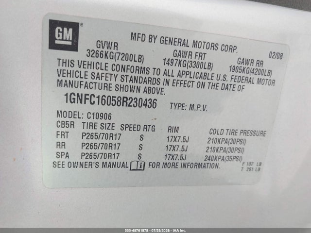 2008 Chevrolet Suburban 1500 Lt მანქანა იყიდება აუქციონზე, vin: 1GNFC16058R230436, აუქციონის ნომერი: 45761578