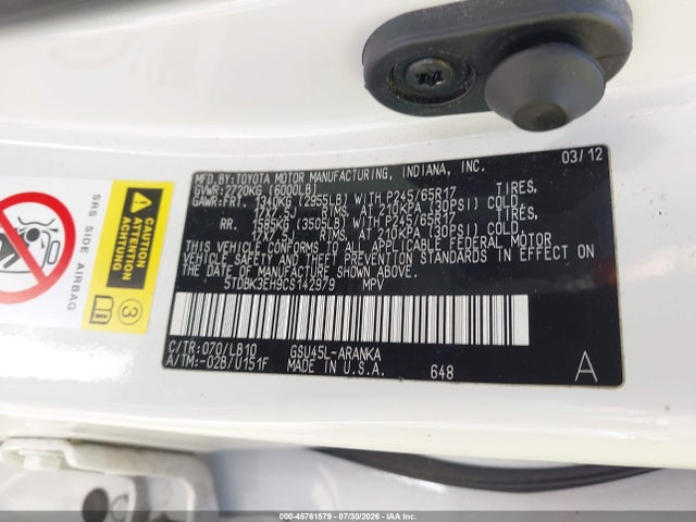 Продаж на аукціоні авто 2012 Toyota Highlander Se V6, vin: 5TDBK3EH9CS142979, номер лоту: 45761579