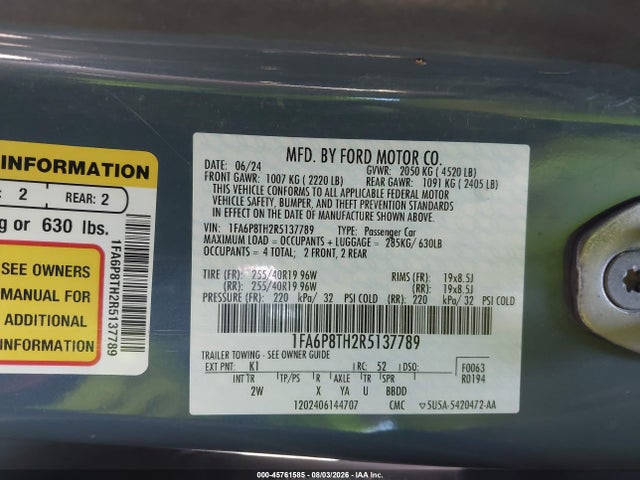 Продажа на аукционе авто 2024 Ford Mustang Ecoboost Fastback, vin: 1FA6P8TH2R5137789, номер лота: 45761585