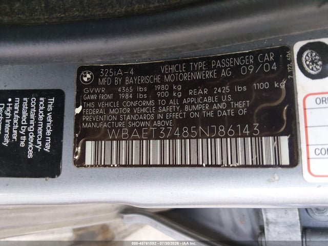 Aukcja sprzedaży 2005 Bmw 325i, vin: WBAET37485NJ86143, numer aukcji: 45761592