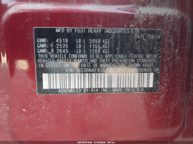 45761595 :رقم المزاد ، 4S3BNAF62G3055876 vin ، 2016 Subaru Legacy 2.5i Premium مزاد بيع