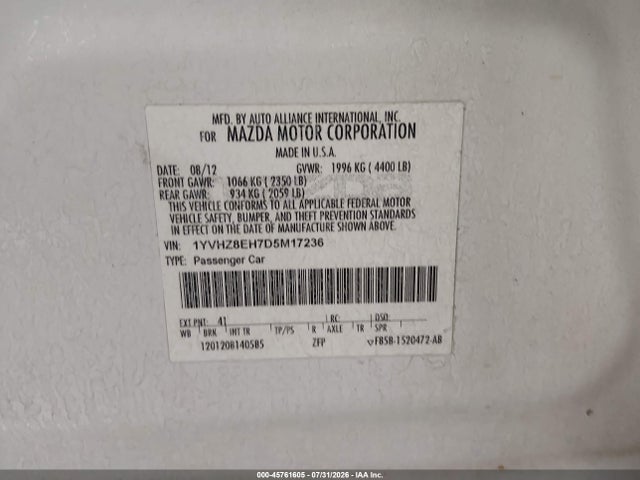 Aukcja sprzedaży 2013 Mazda Mazda6 I Touring Plus, vin: 1YVHZ8EH7D5M17236, numer aukcji: 45761605