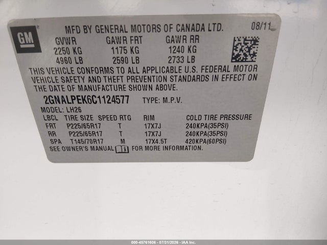 45761606 :رقم المزاد ، 2GNALPEK6C1124577 vin ، 2012 Chevrolet Equinox Lt W/2lt مزاد بيع