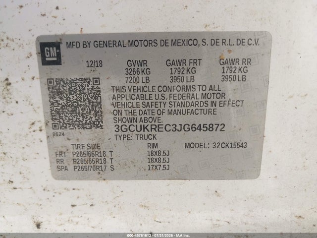 45761612 :رقم المزاد ، 3GCUKREC3JG645872 vin ، 2018 Chevrolet Silverado 1500 2lt مزاد بيع