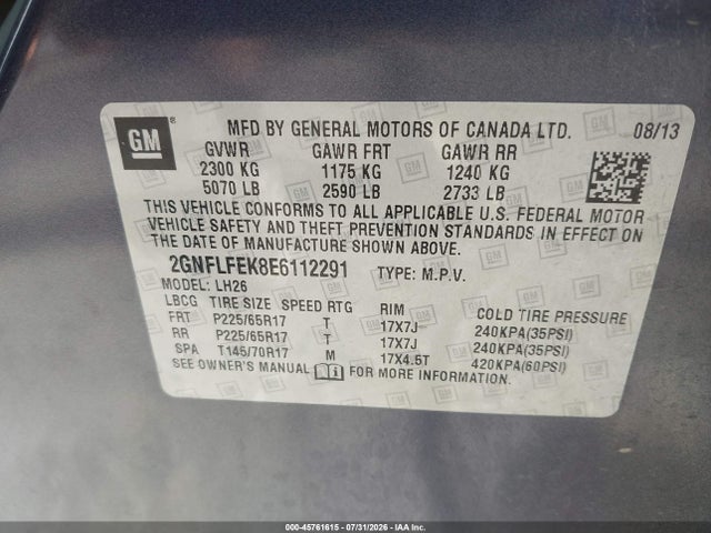Aukcja sprzedaży 2014 Chevrolet Equinox Lt, vin: 2GNFLFEK8E6112291, numer aukcji: 45761615