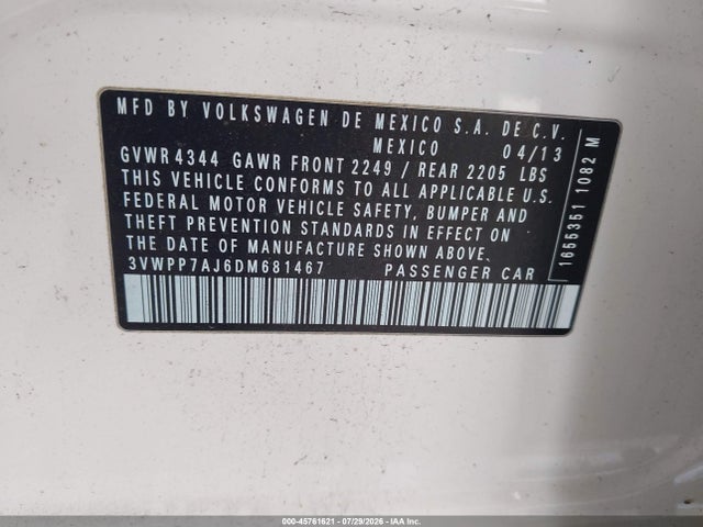 Продаж на аукціоні авто 2013 Volkswagen Jetta Sportwagen 2.5l S, vin: 3VWPP7AJ6DM681467, номер лоту: 45761621