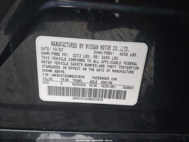 45761644 :رقم المزاد ، JNKBV61EX8M207876 vin ، 2008 Infiniti G35 Journey مزاد بيع