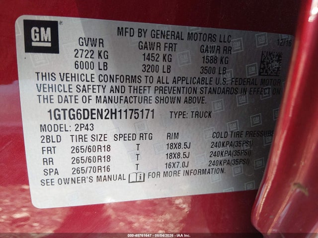 2017 Gmc Canyon 4wd Slt მანქანა იყიდება აუქციონზე, vin: 1GTG6DEN2H1175171, აუქციონის ნომერი: 45761647