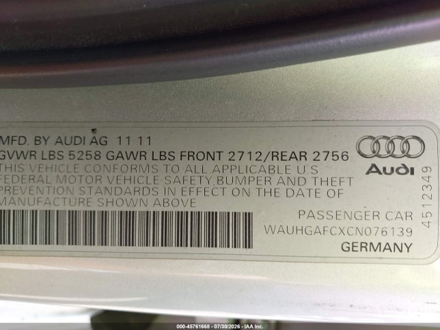 2012 Audi A6 3.0t Prestige მანქანა იყიდება აუქციონზე, vin: WAUHGAFCXCN076139, აუქციონის ნომერი: 45761668