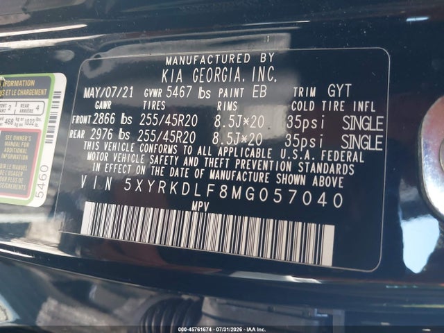 2021 Kia Sorento Sx მანქანა იყიდება აუქციონზე, vin: 5XYRKDLF8MG057040, აუქციონის ნომერი: 45761674