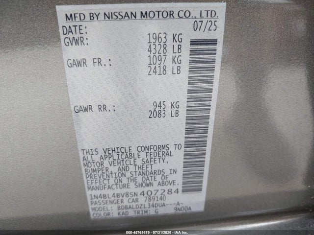 2025 Nissan Altima S Fwd მანქანა იყიდება აუქციონზე, vin: 1N4BL4BV8SN407284, აუქციონის ნომერი: 45761679