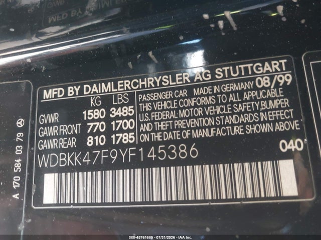 Aukcja sprzedaży 2000 Mercedes-benz Slk 230 Kompressor, vin: WDBKK47F9YF145386, numer aukcji: 45761685