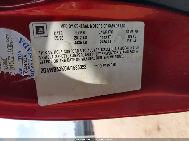 Продаж на аукціоні авто 1998 Buick Regal Ls, vin: 2G4WB52K6W1585353, номер лоту: 45761692