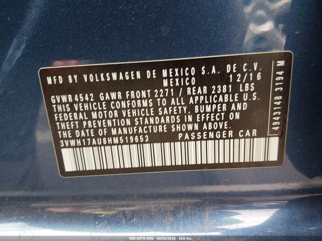 Продаж на аукціоні авто 2017 Volkswagen Golf Alltrack Tsi S/tsi Se/tsi Sel, vin: 3VWH17AU8HM519653, номер лоту: 45761696