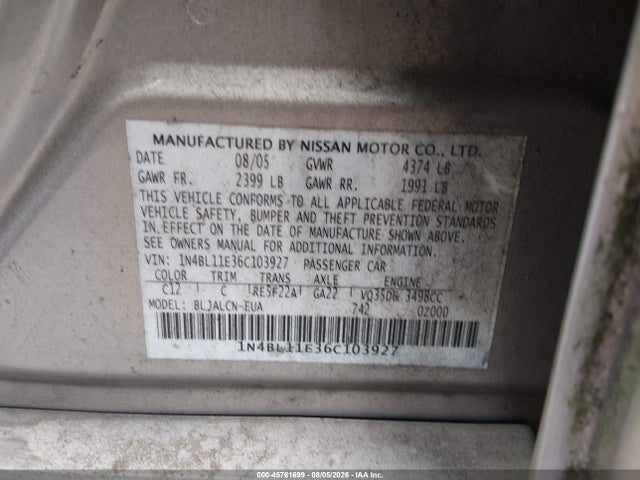 Продаж на аукціоні авто 2006 Nissan Altima 3.5 Se, vin: 1N4BL11E36C103927, номер лоту: 45761699