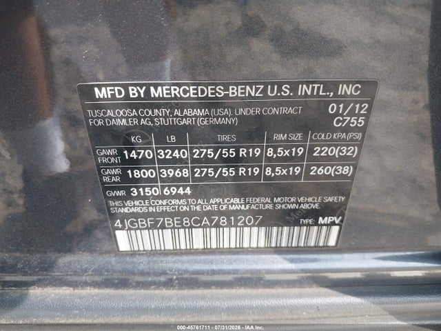 45761711 :رقم المزاد ، 4JGBF7BE8CA781207 vin ، 2012 Mercedes-benz Gl 450 4matic مزاد بيع