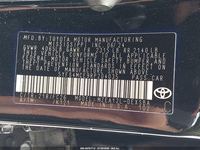 45761712 :رقم المزاد ، 5YFS4MCE9RP204035 vin ، 2024 Toyota Corolla Se مزاد بيع