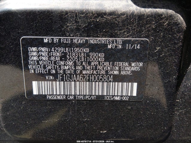 Продаж на аукціоні авто 2015 Subaru Impreza 2.0i, vin: JF1GJAA62FH005804, номер лоту: 45761714