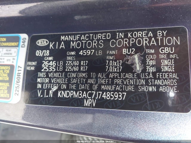 2018 Kia Sportage Lx მანქანა იყიდება აუქციონზე, vin: KNDPM3AC7J7485937, აუქციონის ნომერი: 45761737