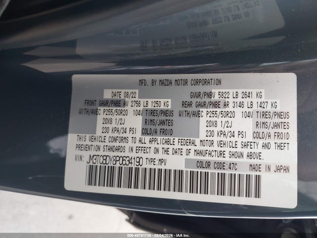 45761738 :رقم المزاد ، JM3TCBDY8P0634190 vin ، 2023 Mazda Cx-9 Carbon Edition مزاد بيع