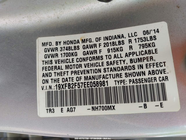 2014 Honda Civic Lx მანქანა იყიდება აუქციონზე, vin: 19XFB2F57EE058981, აუქციონის ნომერი: 45761750