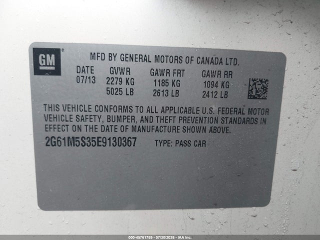 45761759 :رقم المزاد ، 2G61M5S35E9130367 vin ، 2014 Cadillac Xts Luxury مزاد بيع