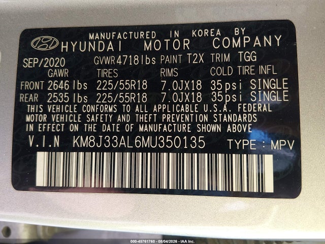 Aukcja sprzedaży 2021 Hyundai Tucson Sel, vin: KM8J33AL6MU350135, numer aukcji: 45761760