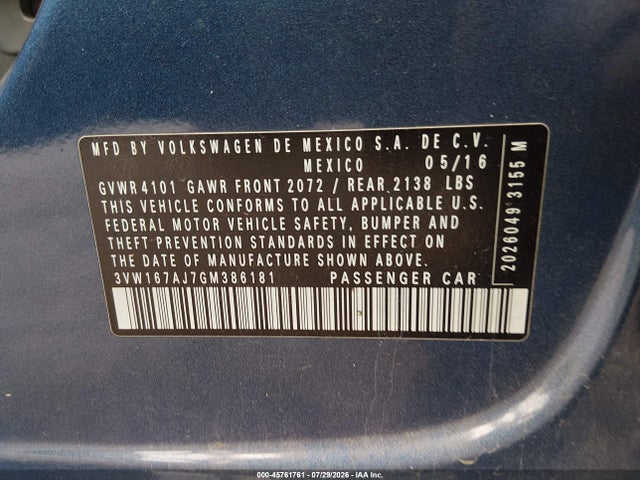 Продажа на аукционе авто 2016 Volkswagen Jetta 1.4t S, vin: 3VW167AJ7GM386181, номер лота: 45761761
