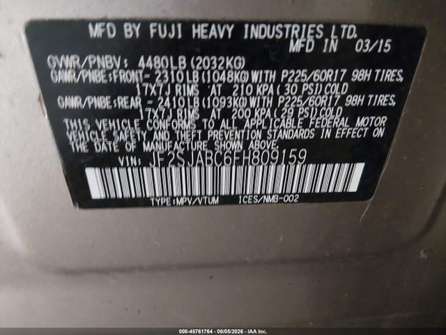 45761764 :رقم المزاد ، JF2SJABC6FH809159 vin ، 2015 Subaru Forester 2.5i مزاد بيع